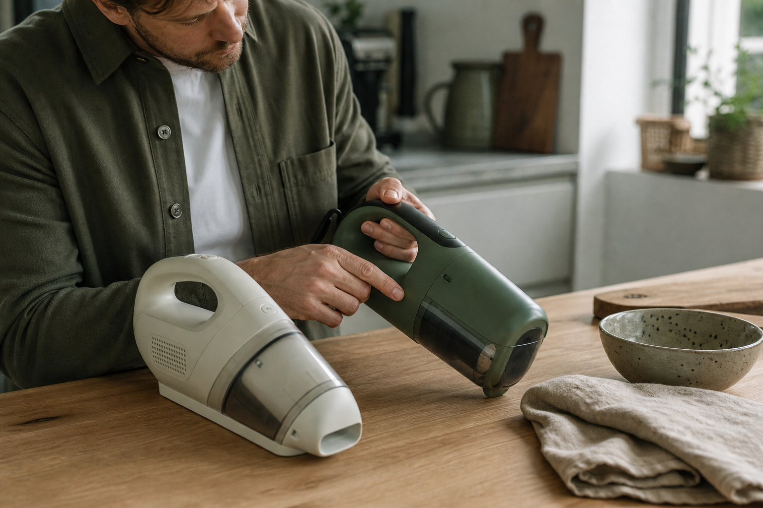 Consument onderzoekt twee snoerloze apparaten op een houten keukentafel