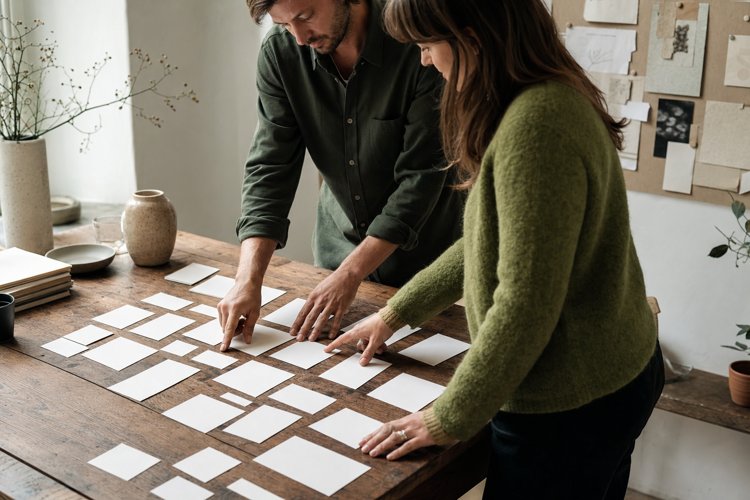 Twee collega’s ordenen blanco kaartjes op een grote houten werktafel