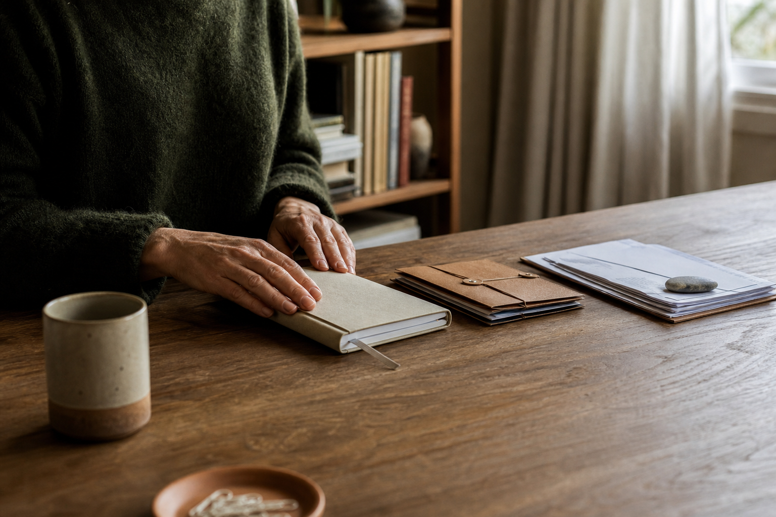 Zelfstandige sluit een papieren agenda naast enveloppen en facturen op een houten bureau